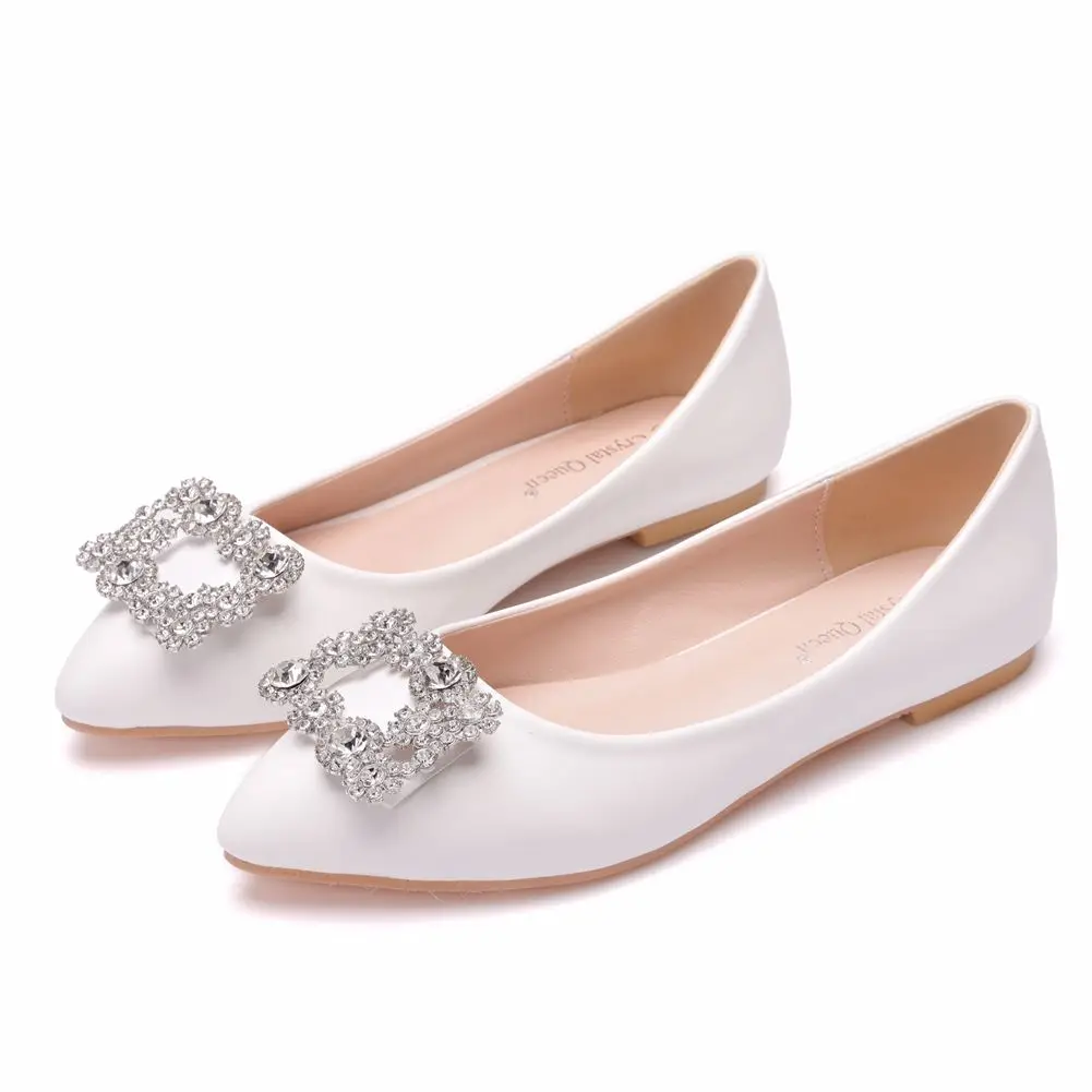 

White Pointed Toe Flat Cortical Women Shoes Fashion Rhinestone Metal Decoration Flats Casual Shoes Woman Party