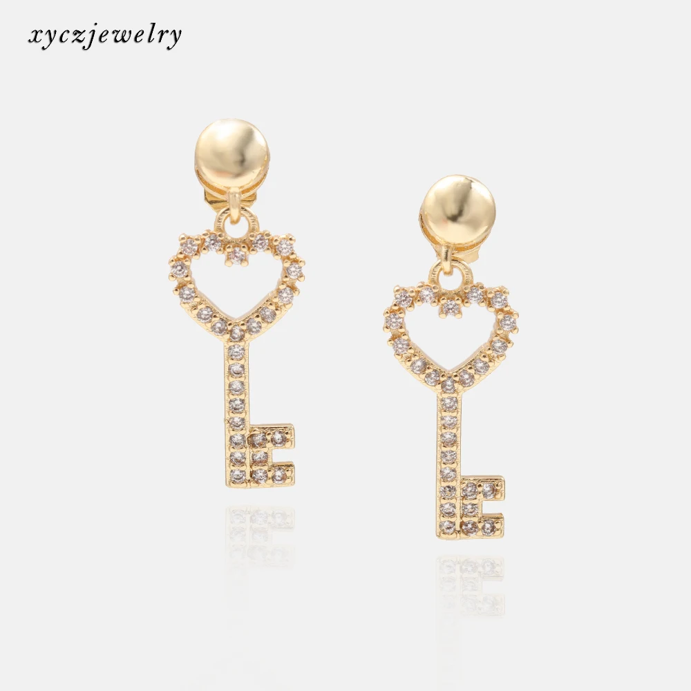 

Wholesale new key white cz lock drop earrings 18k gold jewelry