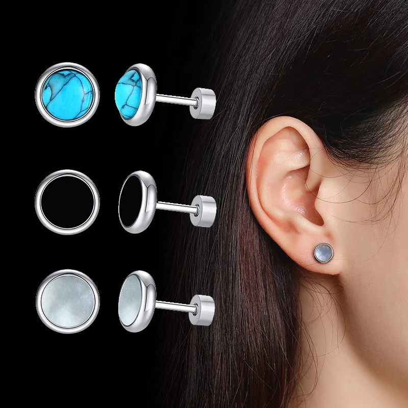 

Waterproof Stainless Steel Tiny Round Natural Shell Turquoise Gemstone Stud Fine Earring Jewelry