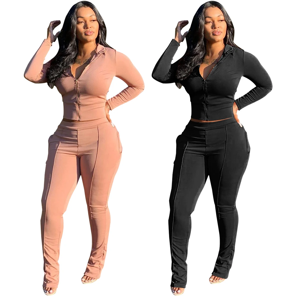 

Wholesale trendy long sleeve solid crop tops zipper 2 piece set sportswear woman