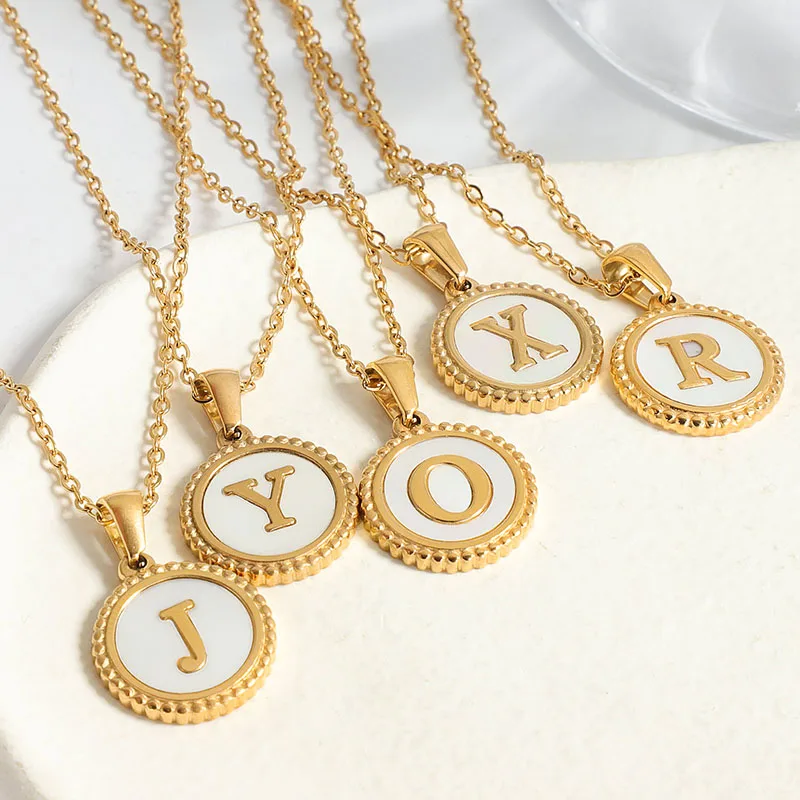 

Wholesale Dainty Shell Coin 26 English Alphabet Letter Choker Jewelry Stainless Steel 18K Gold Plated Initial Pendent Necklace
