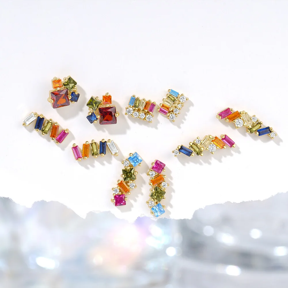 Fashion Jewelry 925 Sterling Silver Geometric Colorful square Rectangle Round Diamond Gold Plated Stud Earrings Women