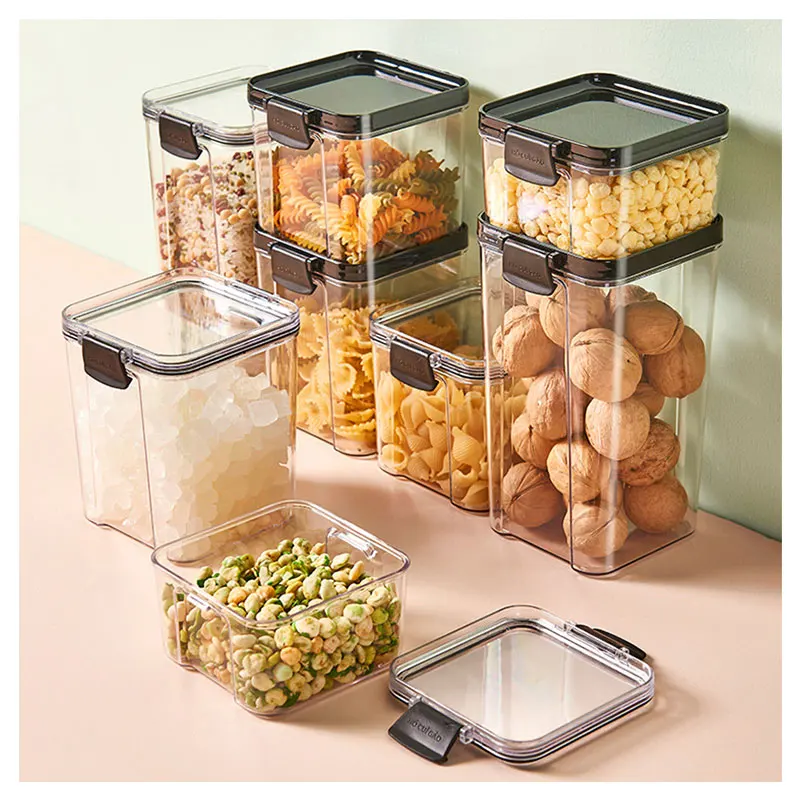 

Hot sale transparent plastic kitchen container set houseware food storage organizer storage box kitchen jar 7 piece set, Black