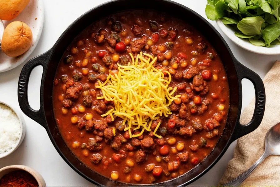Quick easy chili recipe in a cast iron pot with minimal ingredients arranged beside it