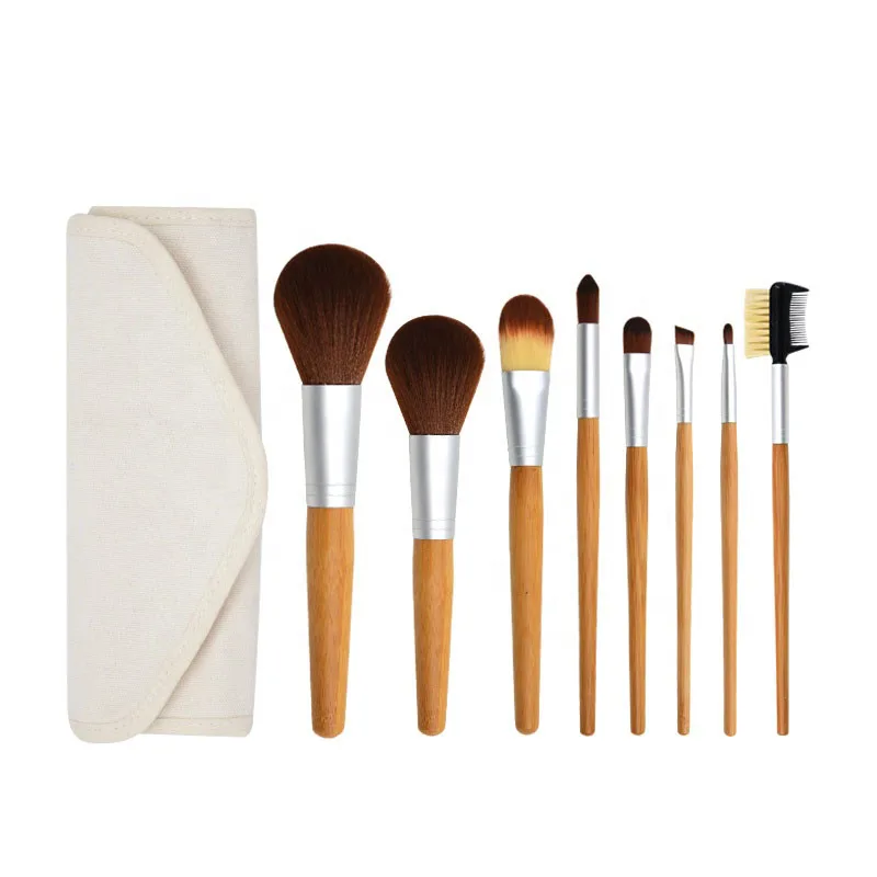 

Vegan synthetic brushes makeup cosmetic bamboo set with white canvas bag
