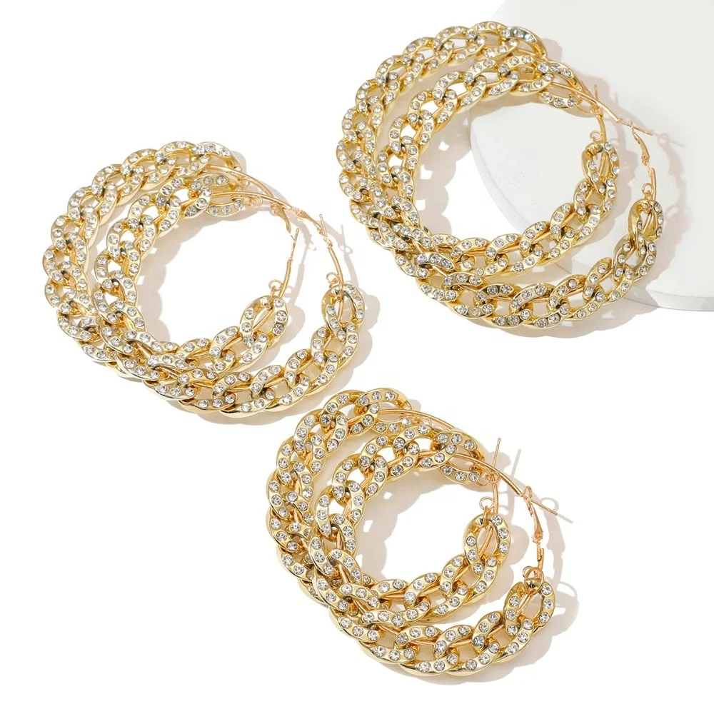 

Kaimei Fashion Oversized Big Hoop Earrings For Women Shiny Rhinestone Large Thick Chain Round Diamond Hoop Earrings Punk Jewelry, Many colors fyi