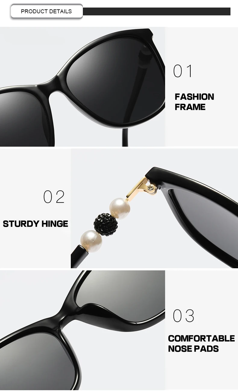 Retro big frame black ladies sun glasses pearl diamond oversized polarized sunglasses