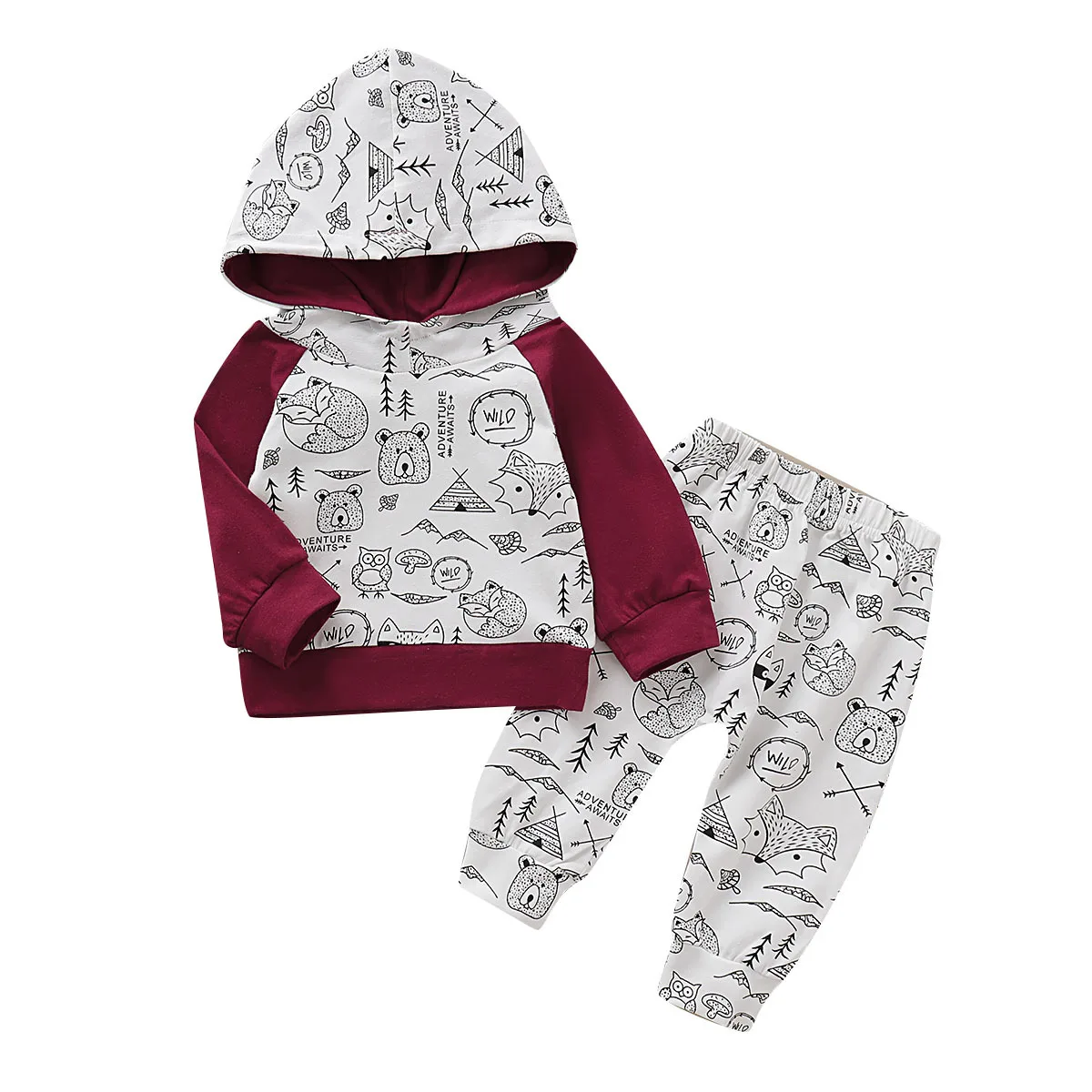 

2021 Hot Solid Color Full Print Bear Print Hooded Top and Trousers Children Clothes Set