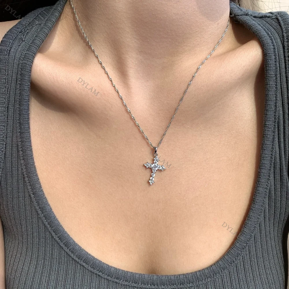 

Dylam Joyas De Plata Minimalist Crystal Pendant Women Necklace Zirconia Jewelry Couple Dainty 925 Sterling Silver Cross Necklace
