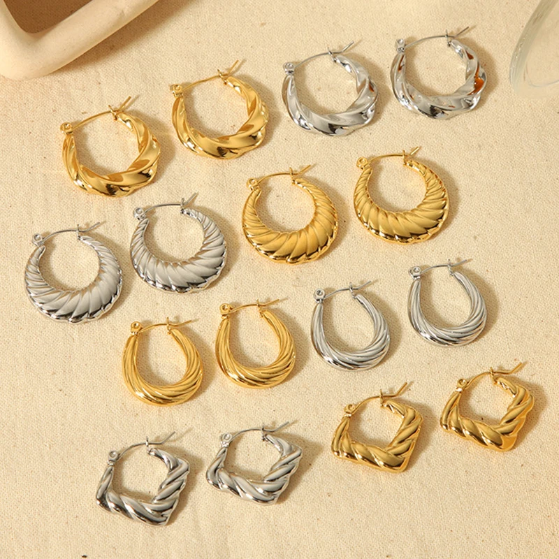 

17KM Retro 18K Gold Plated Stainless Steel Geometric Twisted Thread Solid Hoop Earrings for Women