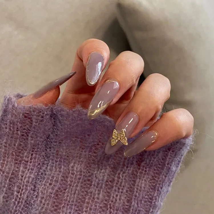 

Pointed Long Purple Gold Rim Butterfly 3D Nail Sticker Removable Press on Nail Products, As pic