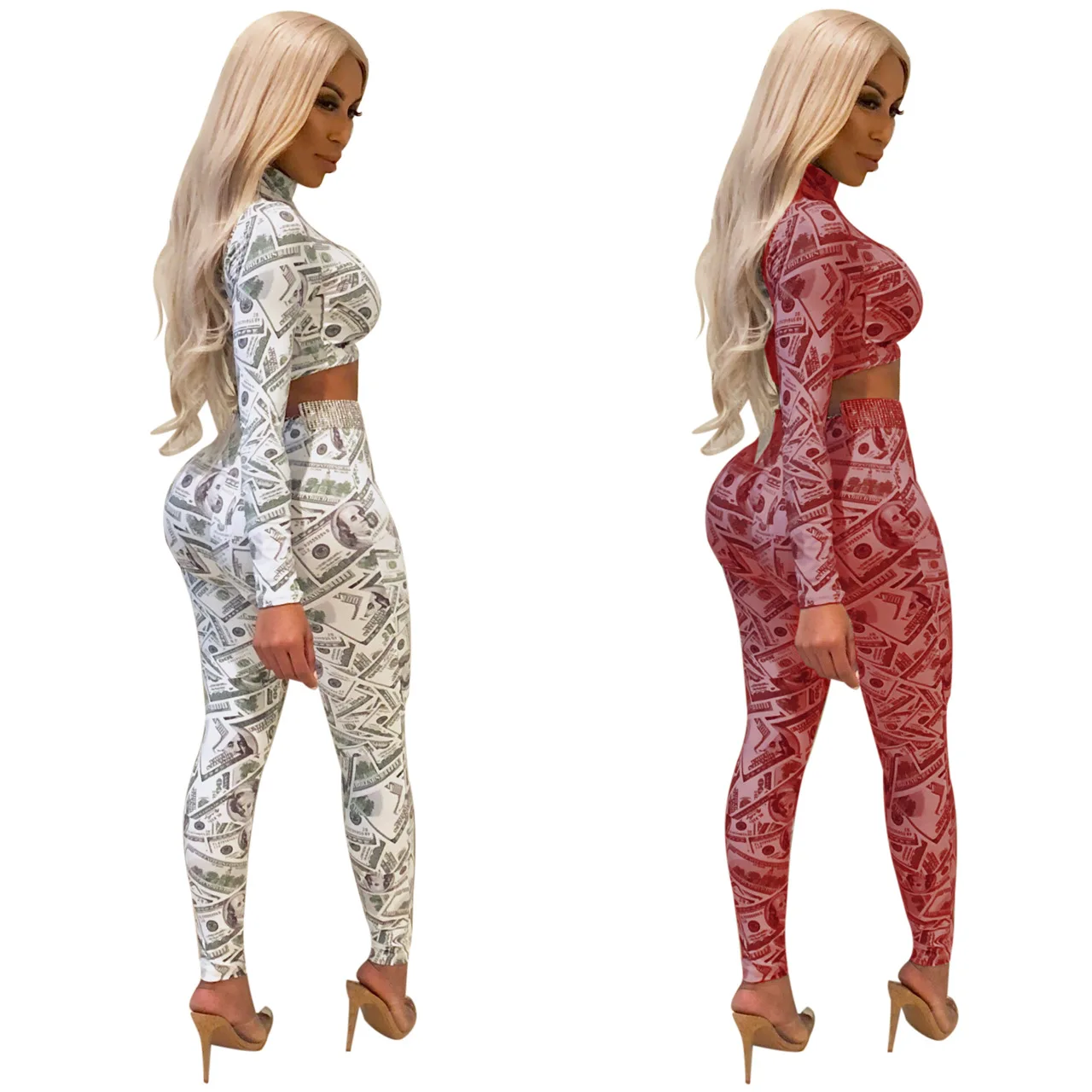 

N205 long sleeves Money printed O neck two piece suit Tracksuit Pant Set Trendy Solid Color Women Clothes