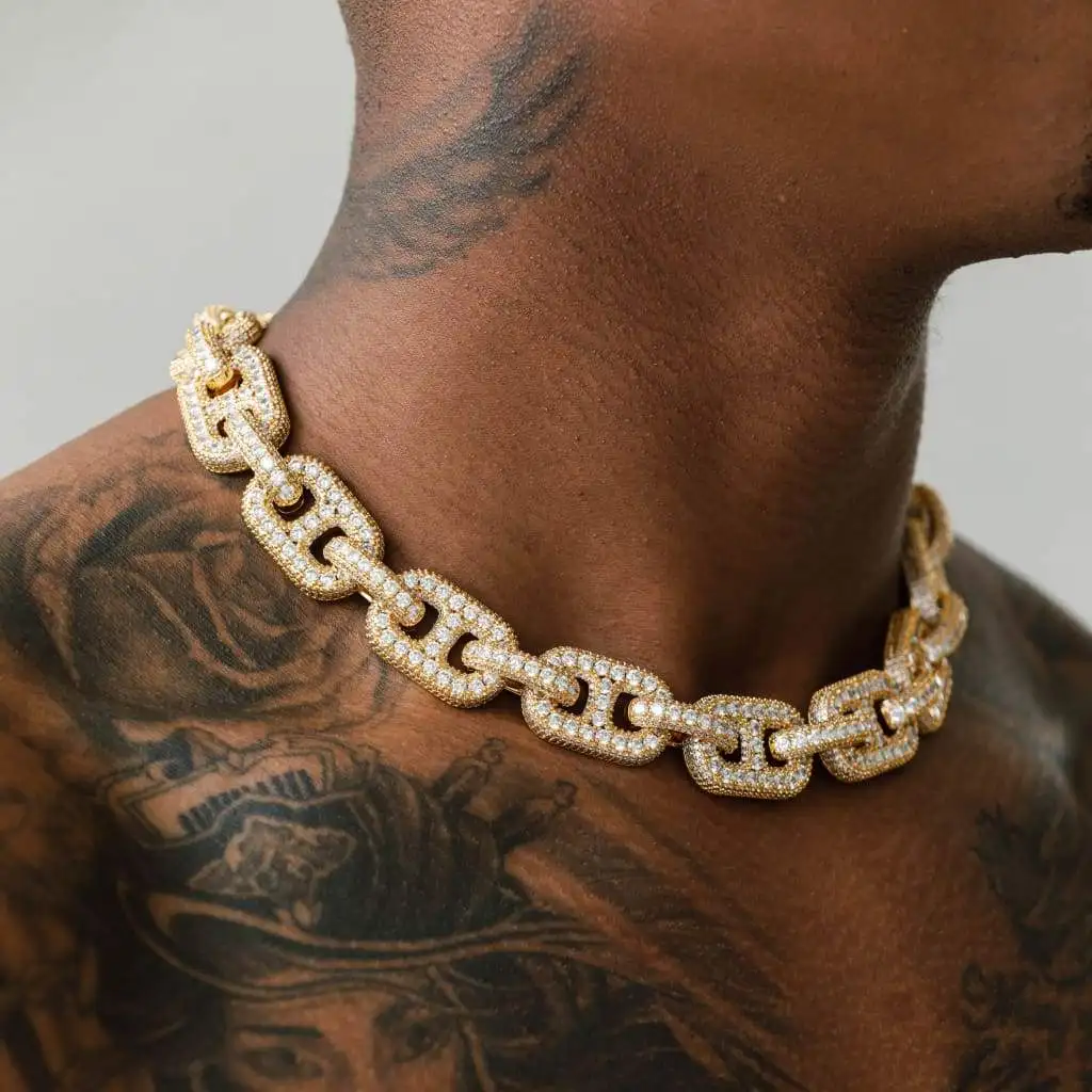 

top quality iced out bling 19mm wide hip hop jewelry micro pave cz coffee bead shape cuban chain men's necklace