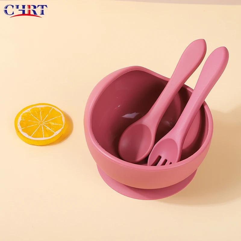 

CHRT Silicone Bowl Set Wooden Handle Spoon Food Grade Silicone Suction baby food bowl with spoon No Slip Food Grade