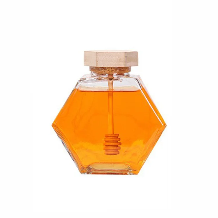 

Factory Direct Sale Hexagonal Wood Lid Honey Jar Glass Jars With Honey Stirring Stick 380ml