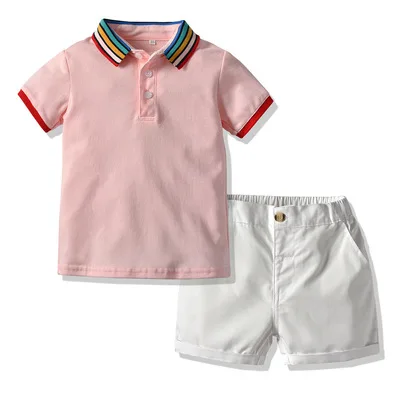 

F40031A ready to ship rainbow collar Polo shirt +short sleeves baby boys' clothing sets kids clothing baby clothes