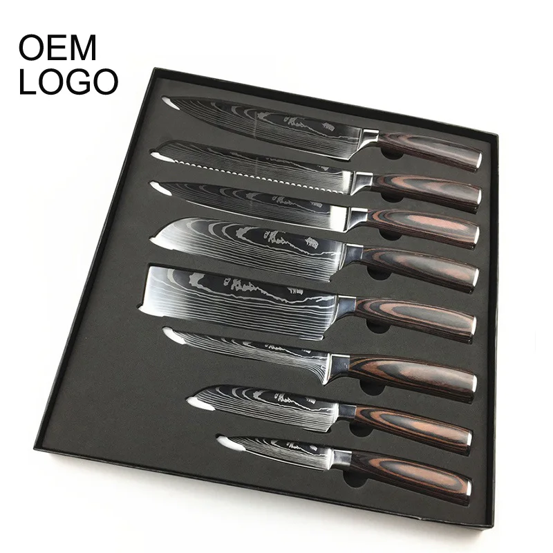 

Factory OEM Logo Amazon professional bucher meat 8 knife set wood handles stainless steel laser damascus chefs kitchen knives, Silver