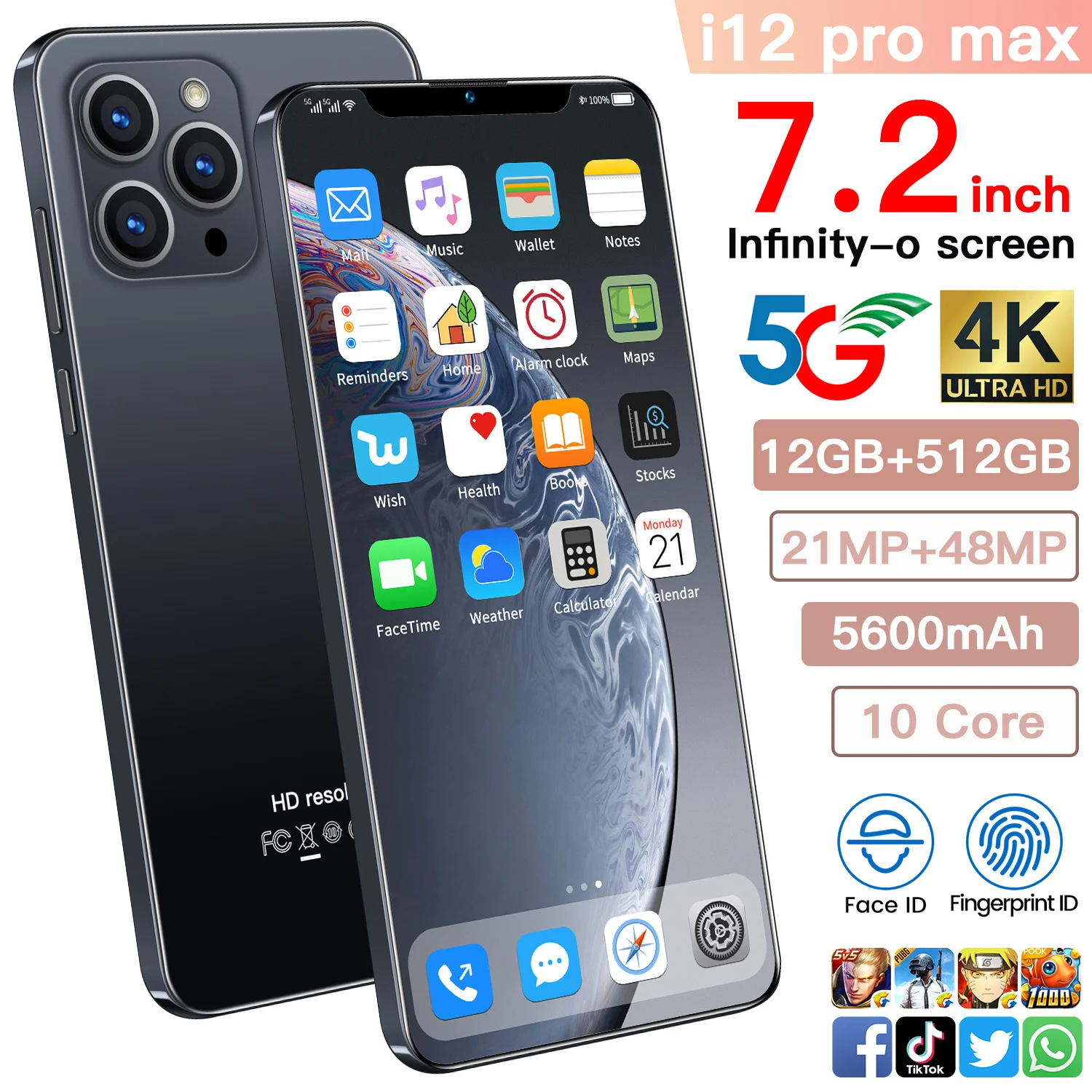 

Hot Selling i12 Pro Max 7.2 HD Full Screen Mobile Phones 12GB + 512GB 10 Core LET Phone MTK6889 With Face Unlock