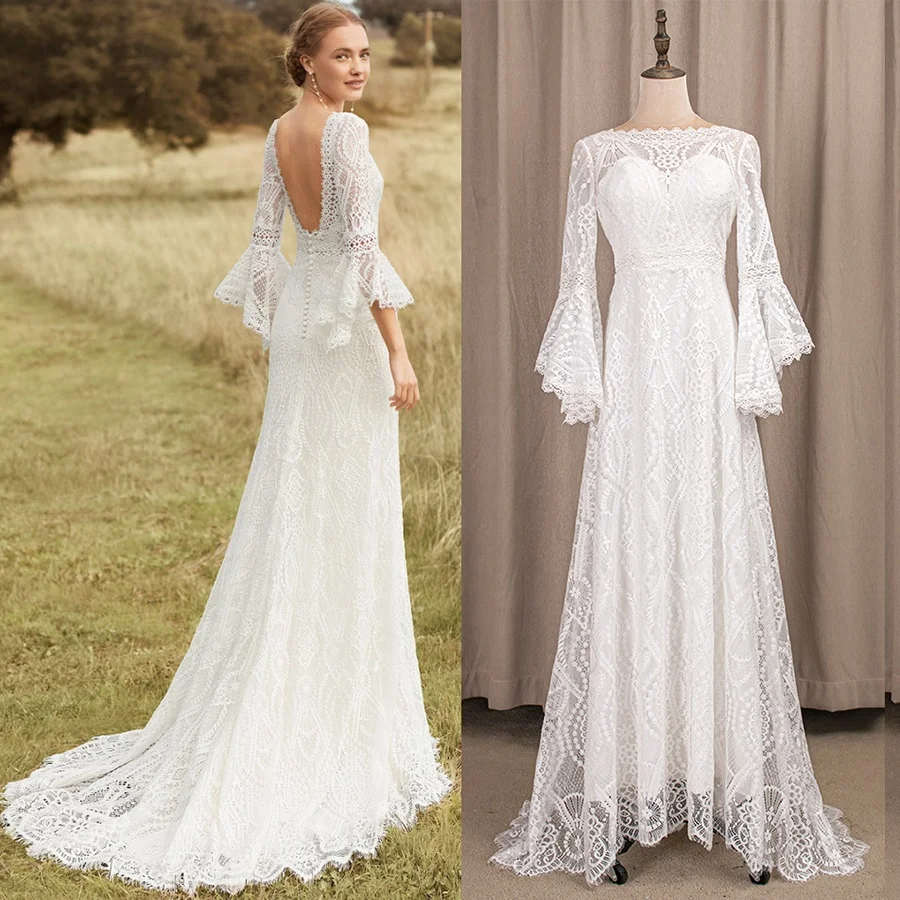 

4219# 2021 Elegant Boho Long Bell Sleeve Lace Sheath Outdoor Beach Lace Wedding Dress Backless Plus Size Rustic Bride Gown