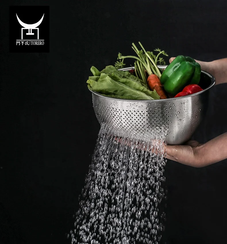 

High Grade Stainless Steel Colander Strainer Rice Wash Bowl with Drainers Vegetable Fruit Washing Bowl