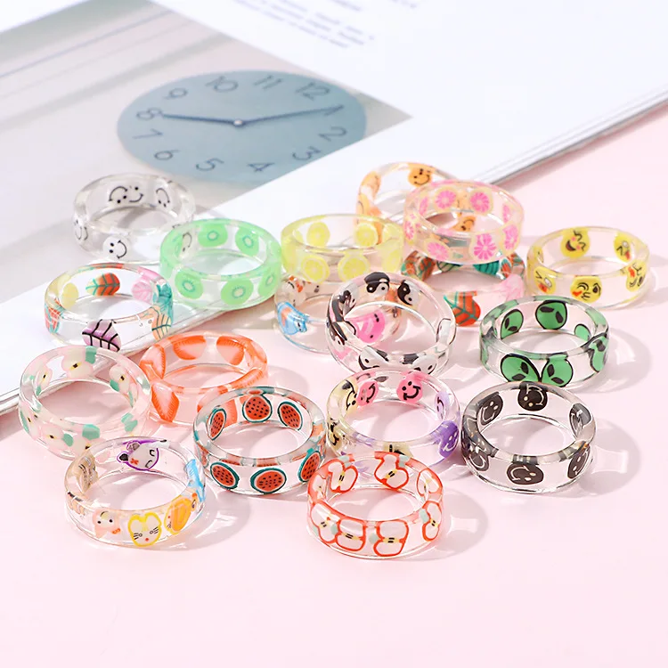 

Fashion Simple Leaves Fruit Smiley Face Chunky Transparent Resin Girls Fruit Ring, Picture shows