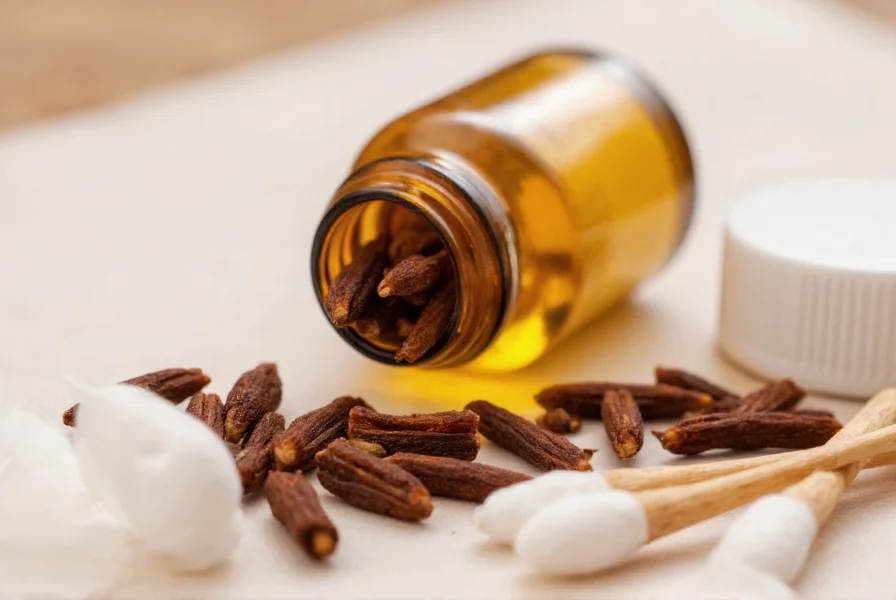 Close-up of clove oil bottle with whole cloves and cotton swabs for dental application