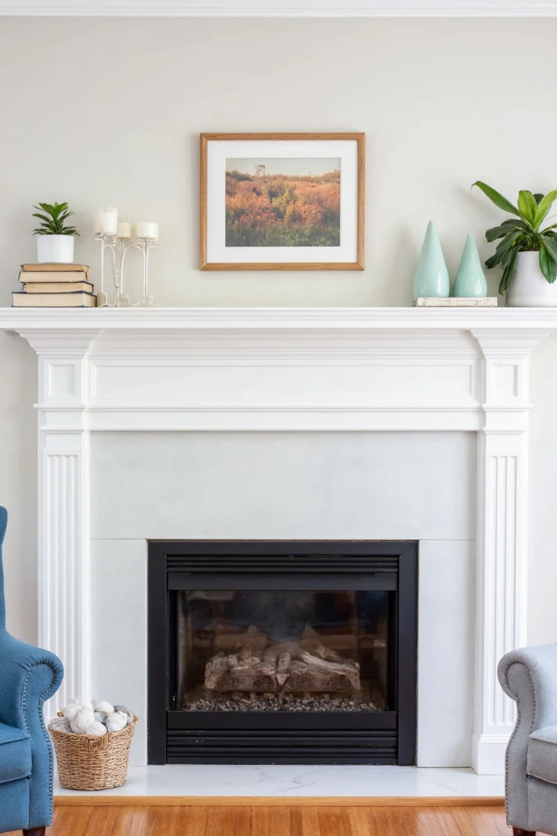 Painted mantel with integrated chalkboard and message pockets