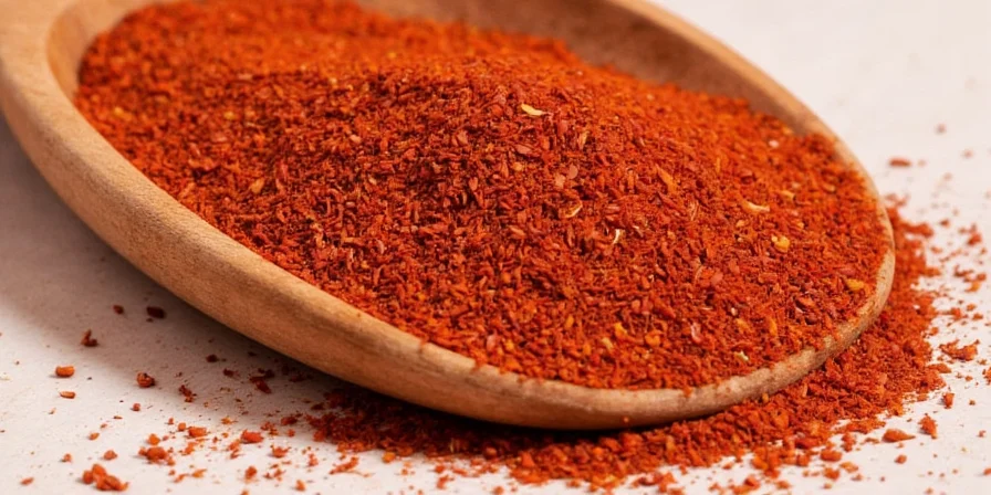 Close-up of red crushed pepper flakes on a wooden table