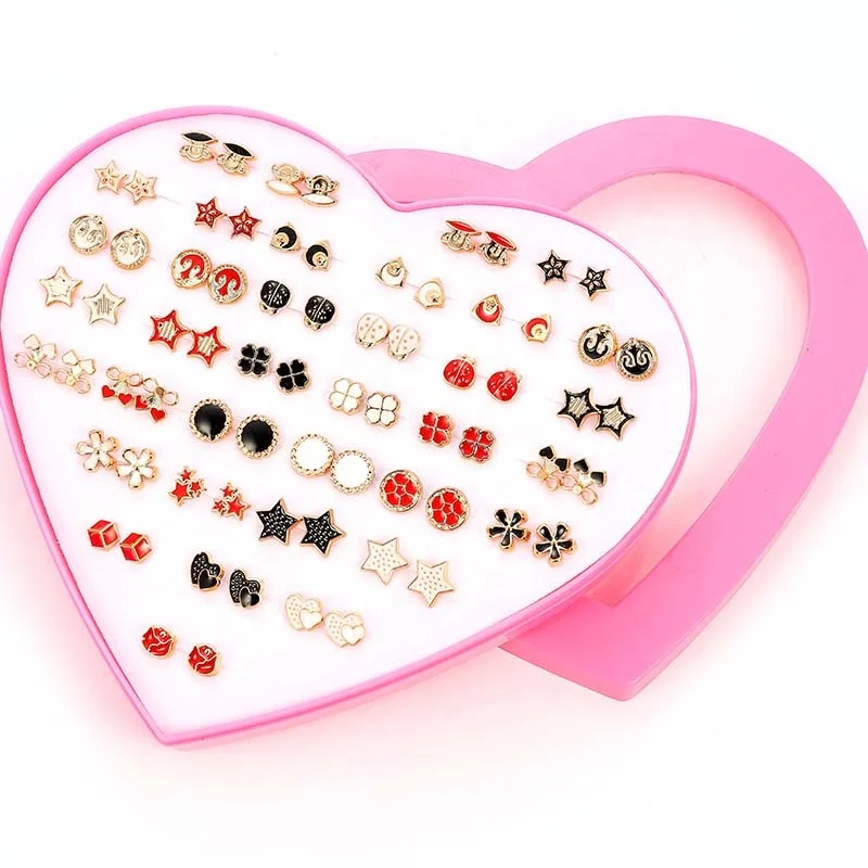 

Enamel 36 pairs Mixed Gold Insect Flower Star Stud Earrings Women Love Pink Heart Box Holding Ears Gift Bowknot Earring, Picture show