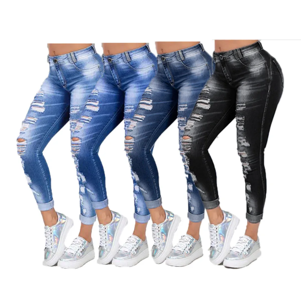 

6Xl Casual Stretchable Skinny Ripped Pencil Jeans Ripped Stretch Skinny Blue Denim Pants Female Long Stacked Pants For Women, Multicolor (picture color)