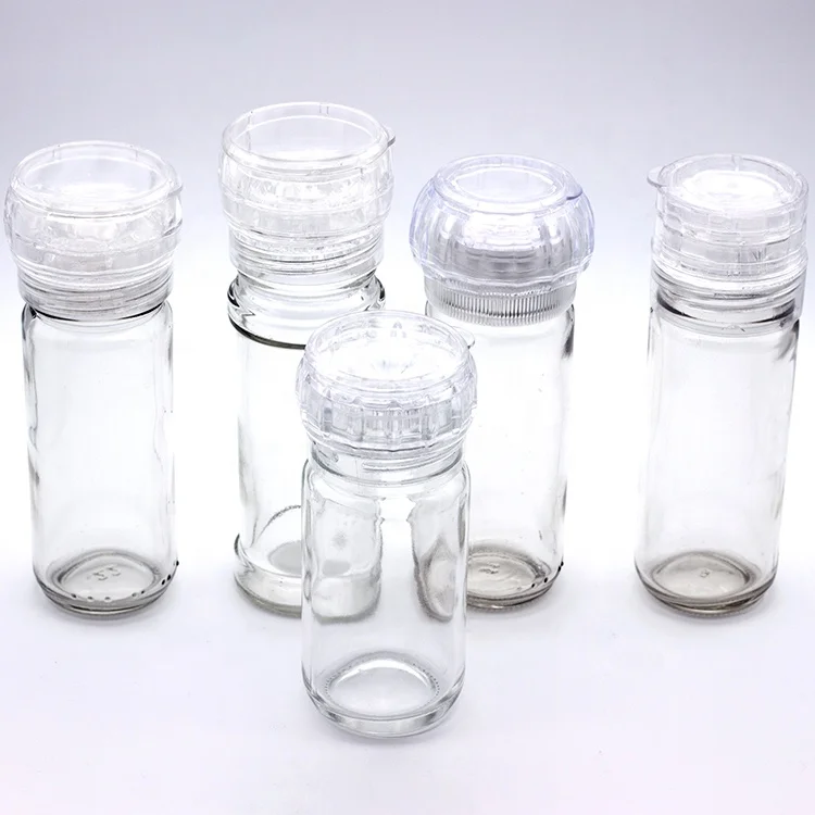

Adjustable spice glass jar with grinder and Salt Pepper Grinder Bottles with Plastic Spice Especieros Grinders, Customized