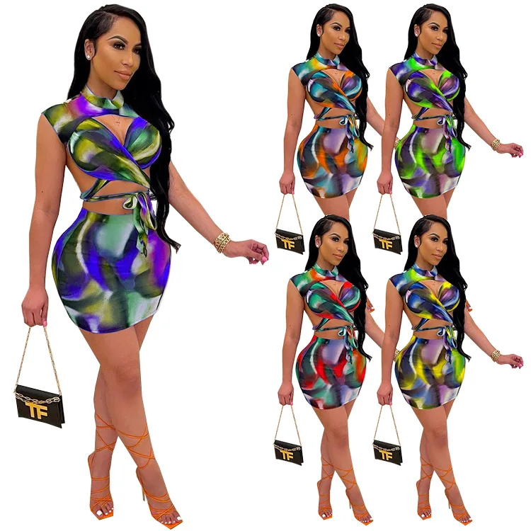 

SZ-8062 Digital Positioning Printing Women'S Wrapped Chest Halter Neck Strap Sexy Fashion 2-Piece Set, 5 colors