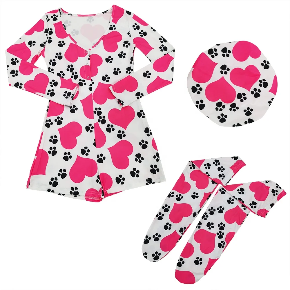 

2021 New Printing Long Sleeve Pajamas Onesie With Matching Socks and Bonnets for Women, Picture color