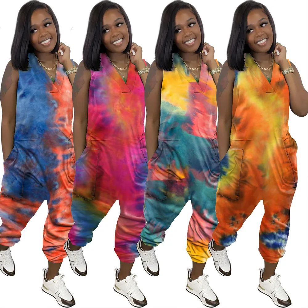 

Summer Women'S Clothing Tie Dye Fashion Casual Sleeveless Street Wear Plus Size Jumpsuits, Blue,red,green,yellow