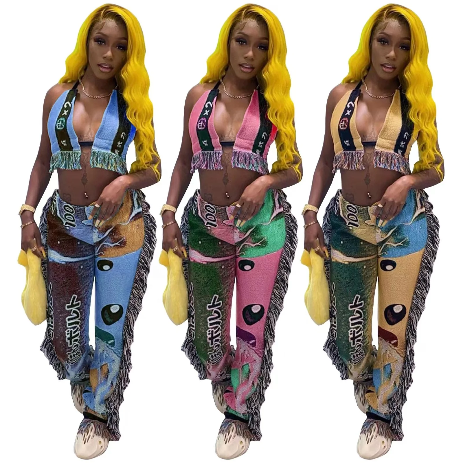 

OUDINA Hot Fashion Women Digital Emoticon Letter Printing Tops Tassel Two-piece Sets Fringe Pants Crop Top 2 Piece Set, Pink/yellow/blue