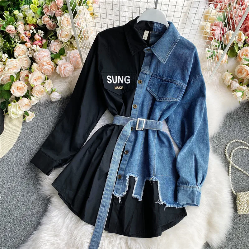 

Women's Casual Long-Sleeved Denim Dress 2021 Spring Summer New High Waist Slimming Irregular Shirt Fashion Loose Midi Skirt