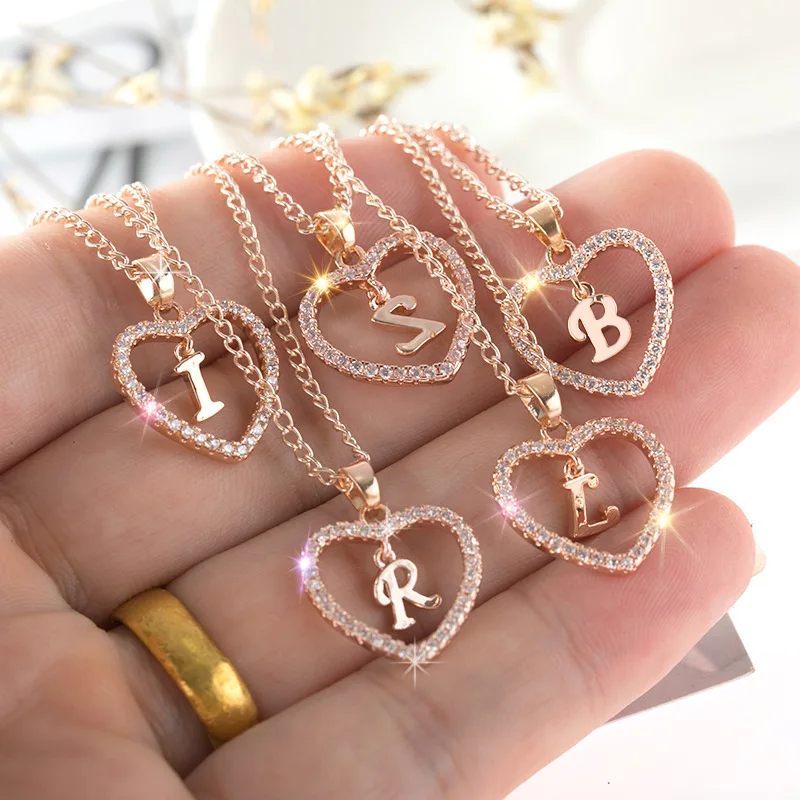 

Amazon hot sales Popular initial name necklace 26 letters zircon heart necklace jewelry diamond pendant necklace, Gold