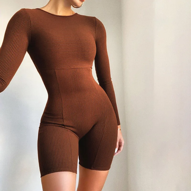 

2021 women new fashion ribbed sexy sports yoga bodysuit one piece workout short jumpsuit, Black white brown green