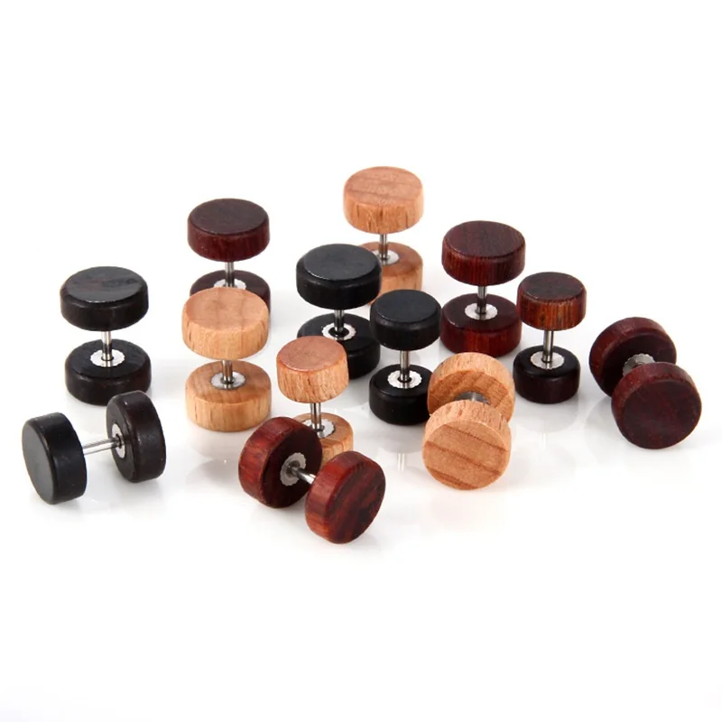 

Fashion Hip Hop Rock Punk Round Barbell Dumbbell Men Wooden Stud Earrings Jewelry, Black, red,wood