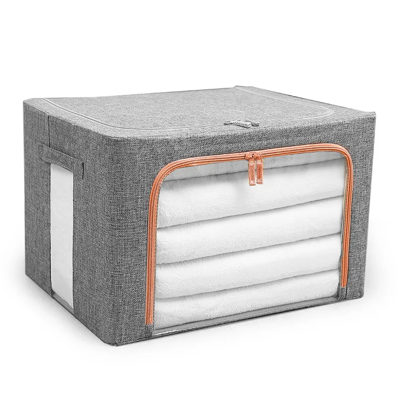 

24/66/100L large capacity cotton linen oxford cloth steel frame quilt storage box foldable clear pocket clothes organizer, As picture