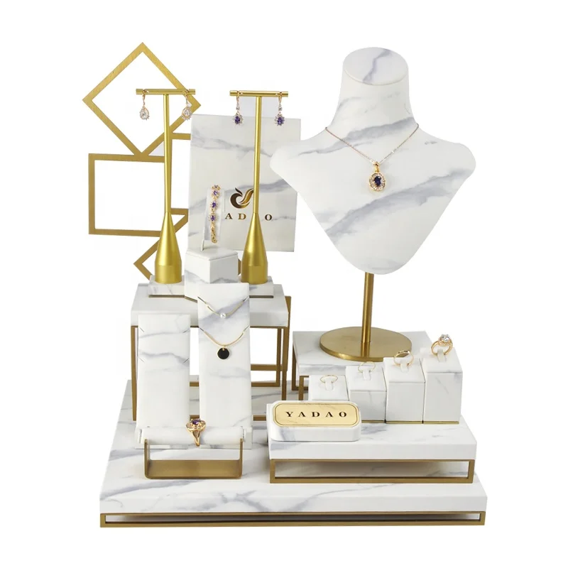 

marble texture pu leather jewellery display stand set prop for jewelry shop and show counter and cabinet, White (customize)