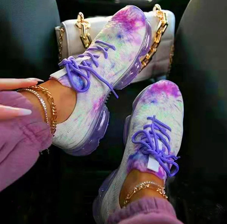 

Fly Weaving Knit Mesh Women Shoes Clear Heeled Platform Bright Purple Pink Floral Wedges Pumps Big Size Lace Up Daddy Sneakers, Purple pink orange