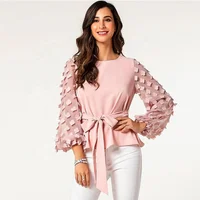 

Latest fashion long sleeves design round neck bandaged street wear women pink blouse young lady chiffon top