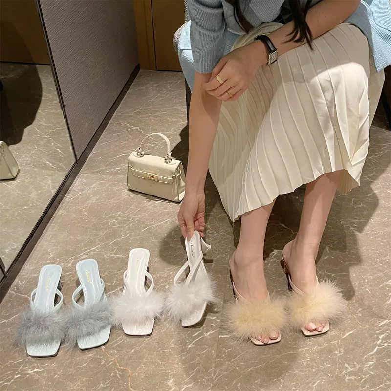 

2022 summer square toe simple furry outerwear sandals stiletto women high heels