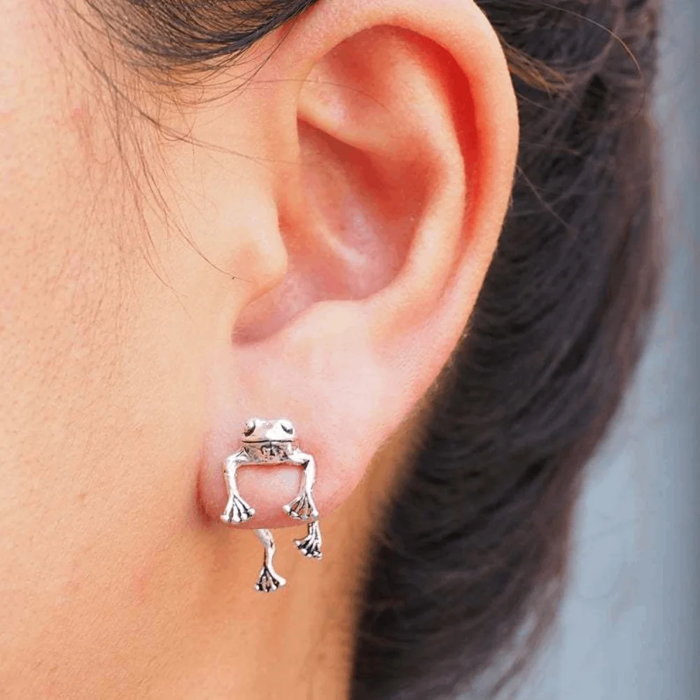 

funny cute brass alloy frog charm screw earring studs, Silver