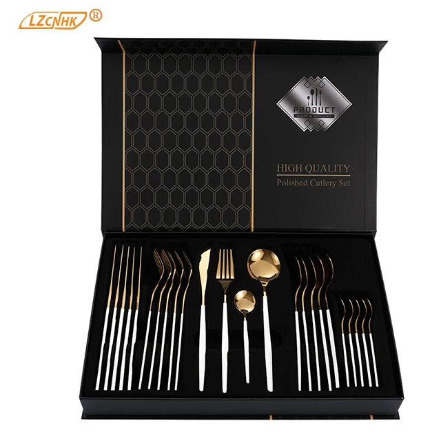 

Amazon 24 Piece flatware set Stainless Steel Tableware Knives, Forks and Spoons Gift Box cutlery set, Mix color