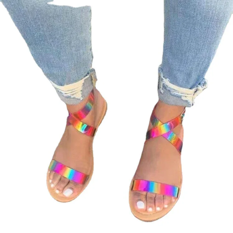 

2022 Summer New Flat Beach Sandals Ladies Large Size Sequin Sandals Symphony Slide Sandals
