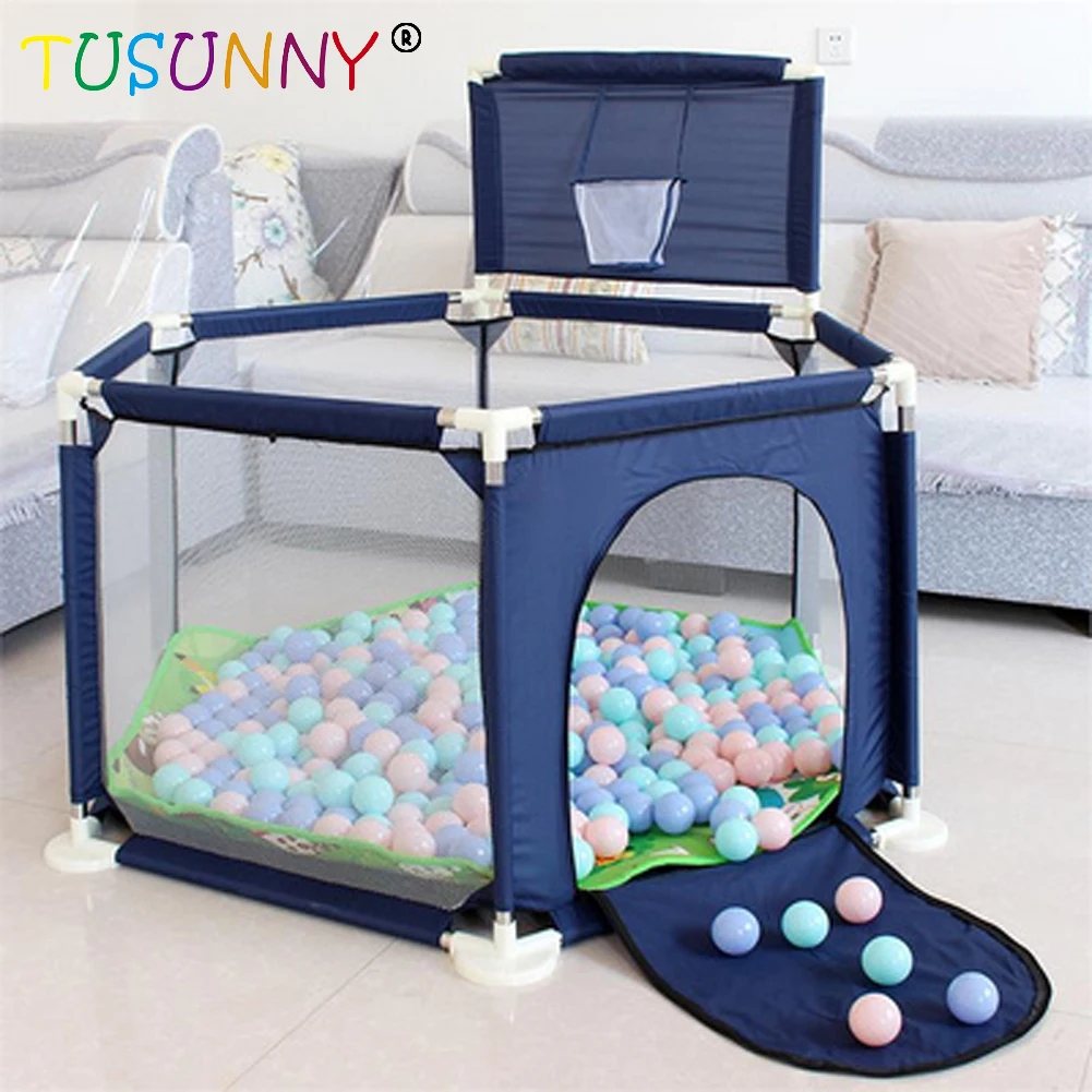 

Baby Bed Fence Plastic Home Safety Gate Products child Care Safe Foldable Playpens Game Pool of Balls for Kids Gifts, Blue/red