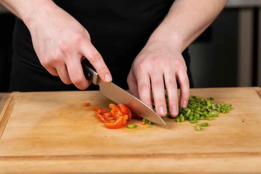 Professional chef demonstrating proper pepper dicing technique with sharp knife on wooden cutting board