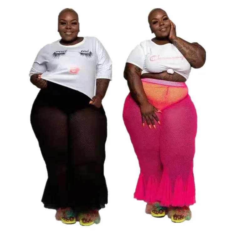 

2021 Sexy Fashion Semi-Perspective Mesh Ruffled Solid Color Plus Size Women'S Pants